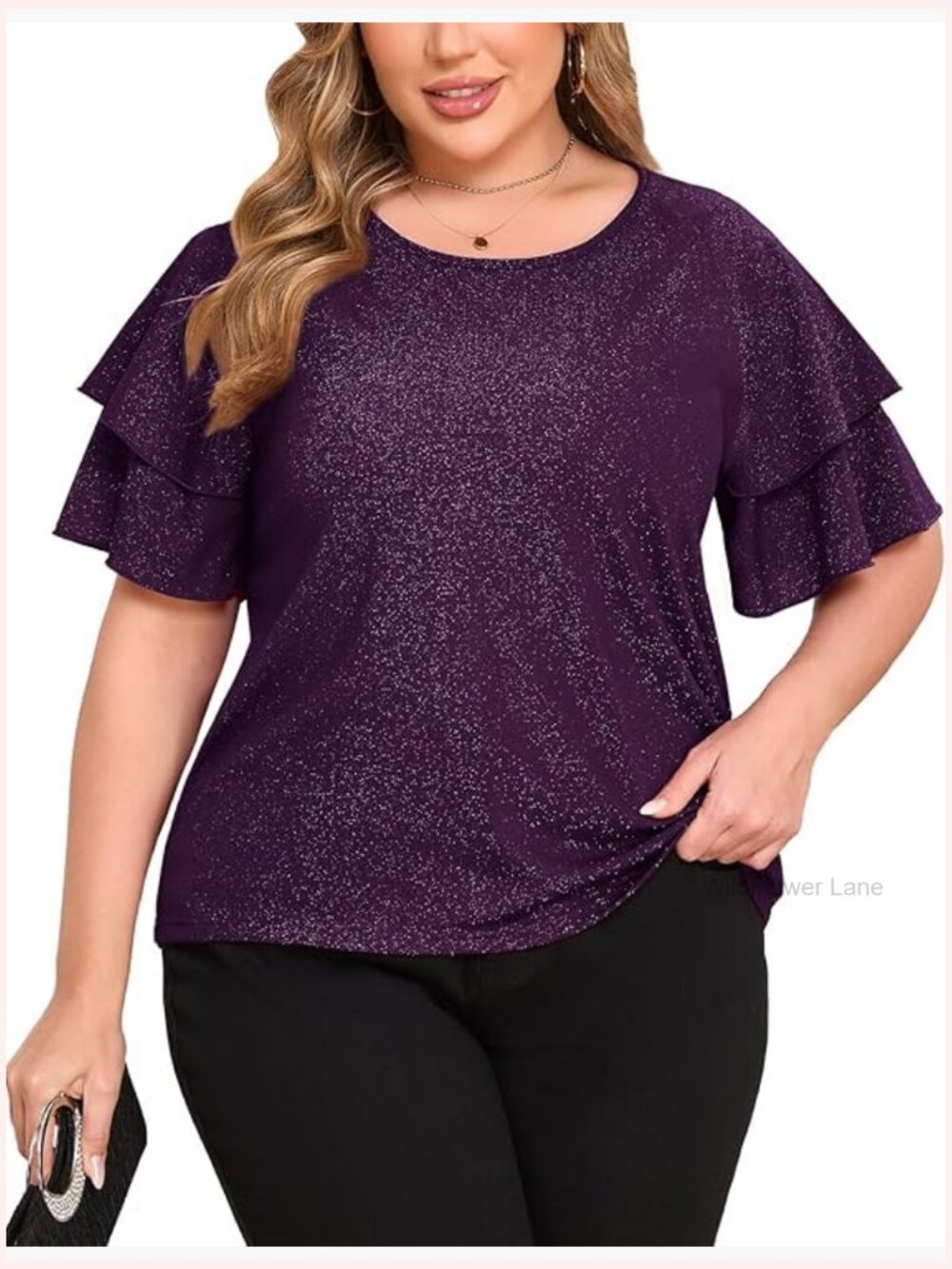 Plus Size Sparkly Blouse Short Ruffle Sleeves Dressy Party Top